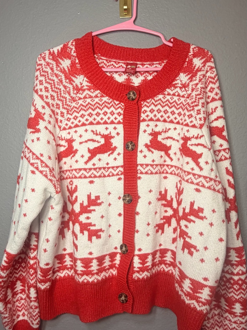 Red and White Fair Isle Button-Front Cardigan Sweater